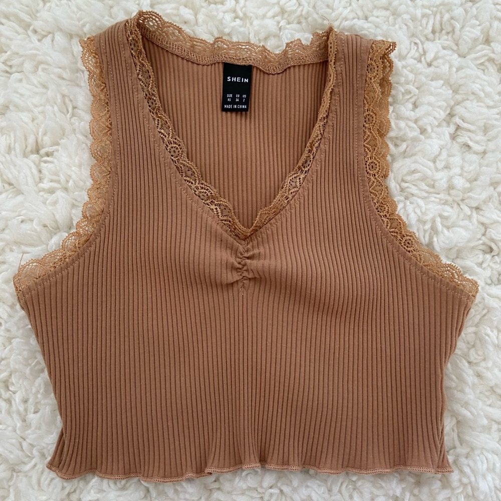Light brown ribbed laced crop top